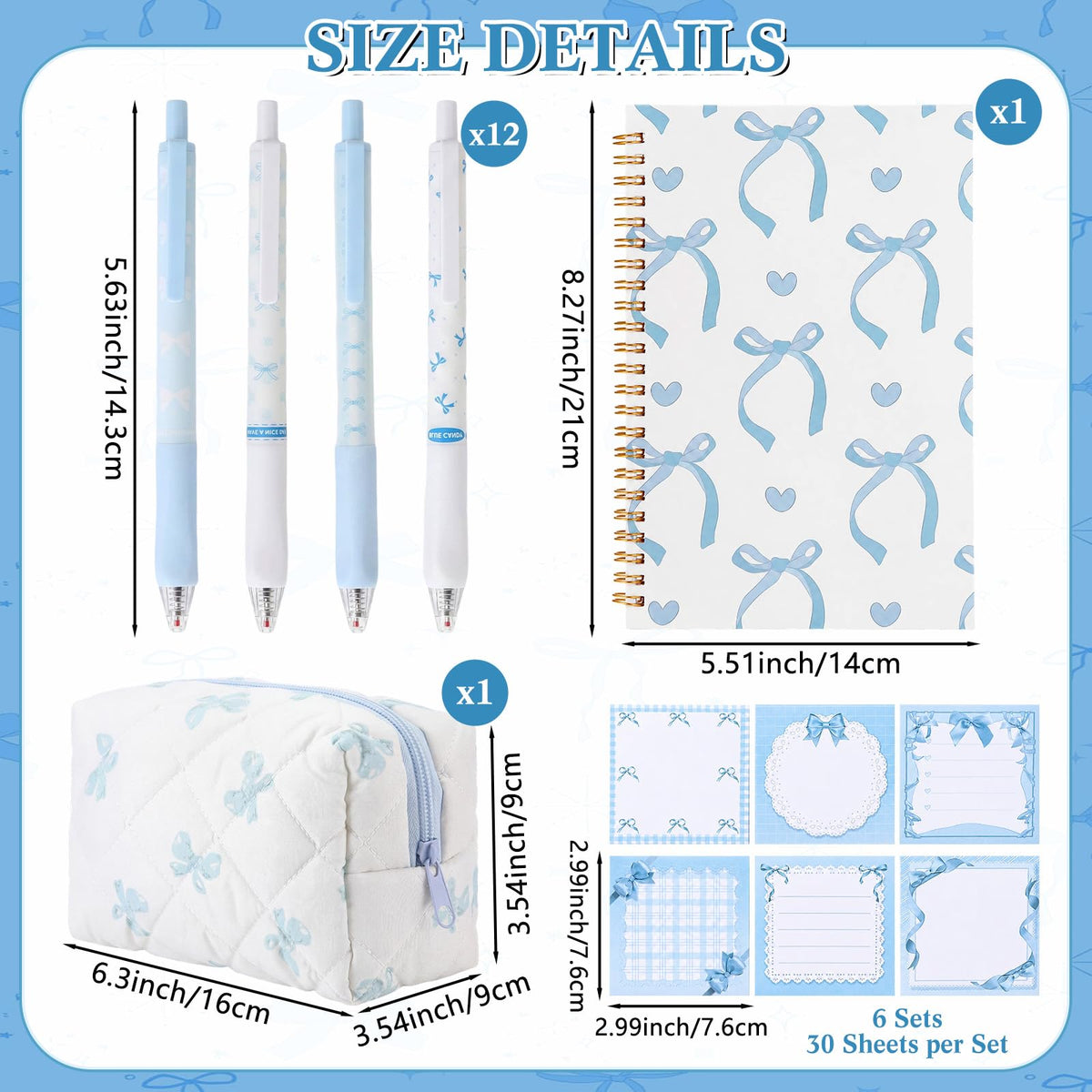 Poola Voidra 20 Pcs Blue Bow Stationery Set, Cute Bow Pen Case, A5 Notebook, 12 Ballpoint Pens, 6 Sticky Notes, Kawaii School Supplies Kit for College Office Back to School Party Favors Birthday Gifts