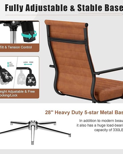 Okeysen Leather Office Desk Chair, Mid-Century Modern Leather Conference Room Chairs, Ergonomic Executive Ribbed Height Adjustable Swivel Rolling Chair for Home Office.
