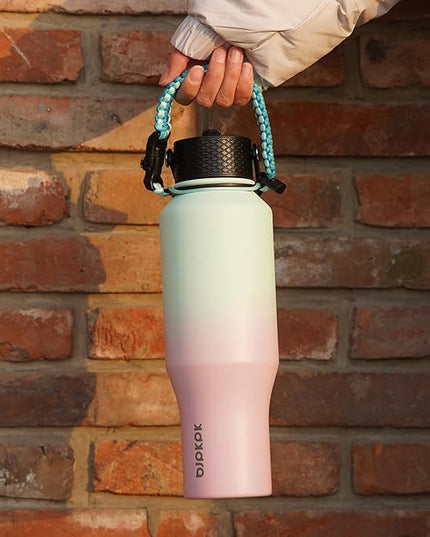BJPKPK Insulated Water Bottles with Straw Lid, 35oz Metal Water Bottle with 2 lids & Paracord Strap, Double Wall Stainless Steel Tumbler with Handle, Reusable Cups, Mugs, Thermo, Marshmallow