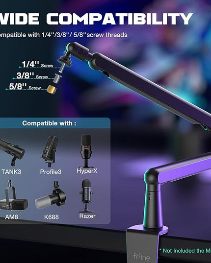 FIFINE Microphone Boom Arm, Low Profile Adjustable Stick Microphone Arm Stand with Desk Mount Clamp, Screw Adapter, Cable Management, for Podcast Streaming Gaming Studio-BM88