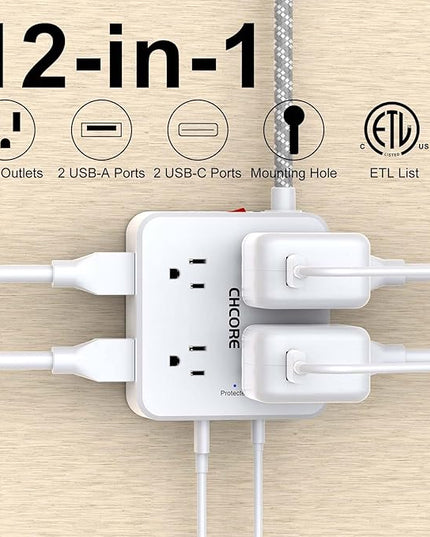 Surge Protector Power Strip - CHCORE 10 Ft Braided Extension Cord with 8 Outlets with 4 USB (2 USB C) Charging Ports, Flat Plug Multi Plug Outlet Extender Charging Station for Home Office, ETL, White