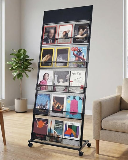 5 Layer Floor Magazine Rack Stand, 70"×27×13.6" Brochure Display Stand with 4 Universal Wheels, Detachable Magazine Display withTop Billboard, for Exhibitions, Shopping Malls, Hospitals, Offices