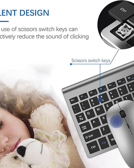 Wireless Keyboard and Mouse Ultra Slim Combo, TopMate 2.4G Silent Compact USB 2400DPI Mouse and Scissor Switch Keyboard Set with Cover, Batteries Included, for PC/Laptop/Windows/Mac - Gray Black