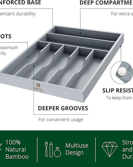 ROYAL CRAFT WOOD Luxury Bamboo Kitchen Drawer Organizer - Silverware Organizer - Utensil Holder and Cutlery Tray with Grooved Drawer Dividers for Flatware and Kitchen Utensils (7 Slot, Gray)