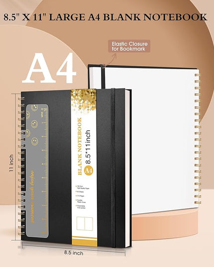 Blank Spiral Notebook Journal 8.5” x 11”, A4 Large Sketch Book for Women Men, 100 GSM Blank Paper Drawing Notebook, Plastic Hardcover Spiral Bound Sketchbook for Sketching Work School Writing, Black