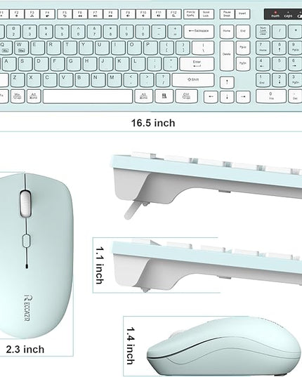 Wireless Keyboard and Mouse Combo, Full-Sized Wireless Keyboard and Adjustable DPI Mouse, 2.4GHz USB Receiver, Keyboard and Mouse for PC, Windows, Desktop, Laptop (Mint Green and White)