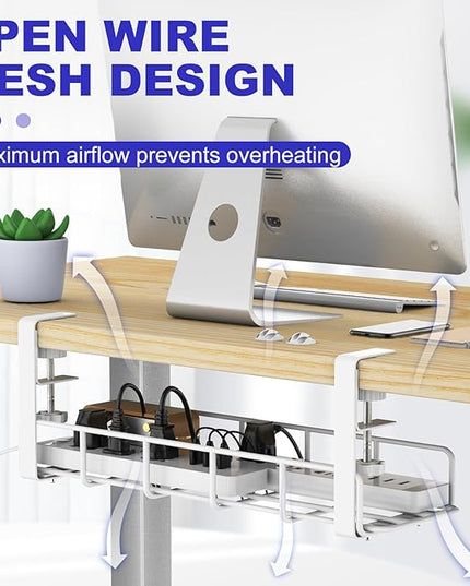 15.7” Under Desk Cable Management Tray, No Drill Steel Cable Tray Organizers, Wire Management Tray Cable Rack with Clamp Mount, Metal Under Desk Tray with Wire and Cord Organizer (White, 1 Pack)