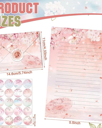 TaoBary 160 Pcs Stationery Paper Set 50 Double Sided Stationery Papers with 50 Matching Envelopes and 60 Round Dot Sticker, 10 Design(Cherry Blossom,5.5 x 8.25 Inch)