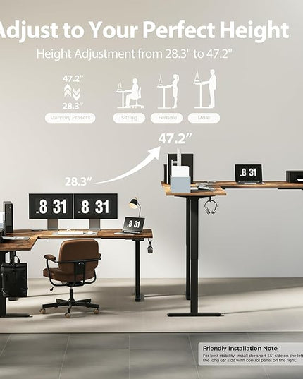 Agilestic Triple Motors 73" x 60" L Shaped Standing Desk, Electric Standing Desk Adjustable Height, Extra Large Desktop Corner Table for Home Office, Gaming Workstation, Splice Board, Rustic Brown