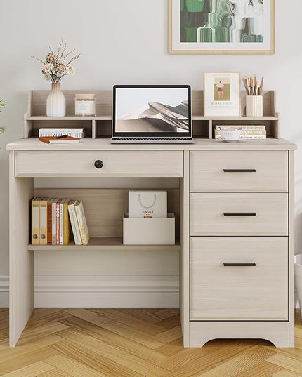 4 EVER WINNER Small Desk with Drawers, Computer Desk with File Cabinet & Monitor Stand, Home Office Desks with Drawers, Wood Writing Desk for Bedroom, Off White