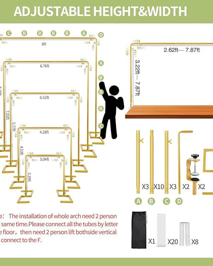 8.2FT x 8FT Backdrop Stand Heavy Duty with Base, Gold Portable Adjustable Pipe and Drape Backdrop Stand Kit, Over The Table Rod Stand with Clamps, Square Metal Arch Party Frame for Birthday Decor