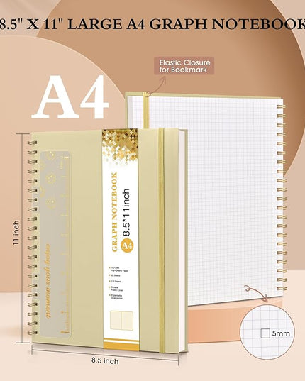 Graph Paper Notebook, Spiral Notebook Journal 8.5” x 11”, A4 Large Grid Notebooks for Women Men, 100 GSM Graph Paper, Plastic Hardcover Spiral Graphing Journals for Work School Engineerin, Yellow