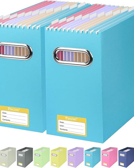 BALEINE File Organizer Box, Cardboard File Folder Organizer with Handle for Letter Size, Portable Collapsible Hanging Filing Box for Home Office Document Storage (2 Pack, Blue)