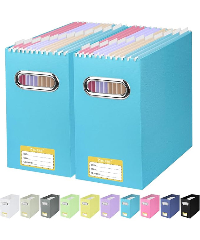 BALEINE File Organizer Box, Cardboard File Folder Organizer with Handle for Letter Size, Portable Collapsible Hanging Filing Box for Home Office Document Storage (2 Pack, Blue)