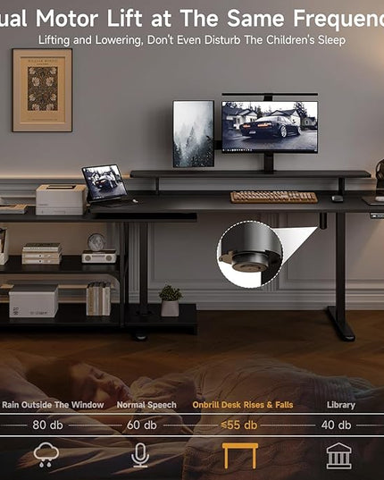 ONBRILL L Shaped Standing Desk with File Cabinet, 63x24'' Electric Stand Up Desk with Monitor and Storage Shelf, Adjustable Height 28-46'' for Home and Computer Workstation, Black