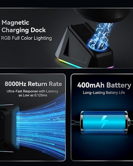 AJ159PRO 8Khz Bluetooth/2.4G/Wired 56G Lightweight Gaming Mouse with Magnetic Charging Dock, PAW3395 Sensor 26KDPI, Huanuo 100 Million Click, 100% ETFE Foot Pad & 8Khz Receiver