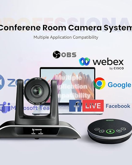 TONGVEO All-in-One Conference Room Video Camera System Al Auto-Tracking HD1080P 60fps 3X Optical Zoom USB3.0 HDMI PTZ Camera and Bluetooth Conference Speakerphone with Microphones