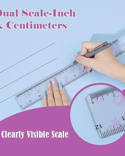 BAYTORY 4Pcs Transparent Acrylic Ruler 12 Inch, Clear Plastic Straight Rulers, Shatterproof Student Stationery Centimeters with Inches, for Classroom Essentials School Supplies (Bowknot)