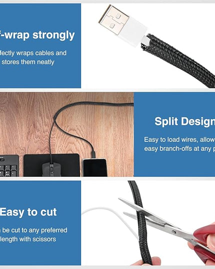 Nilight Cable Sleeve, 10ft-1/4inch Cord Management Sleeves, Braided Sleeving, Split Self Wrapping Wire Loom for Computer Electrical Automotive Harness Protector Organizer, Black