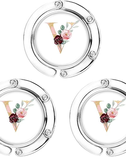 Iqimott 3pcs Personalized Initial Foldable Purse Hook for Table, Flower Letter Folding Handbag Hanger Portable Magnet Table Hook Holder, Collection Desk Purse Hooks for Women Bag (Pink-V)