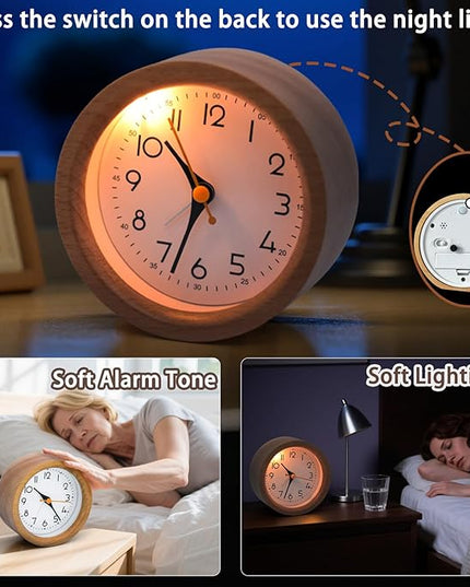 Oxmidud 4'' Natural Wooden Analog Alarm Clock with Soft Night Light - Battery Operated Non-Ticking Silent Tabletop Minimalist Desk & Bedside Clock for Bedrooms Living Room Home Office Decor