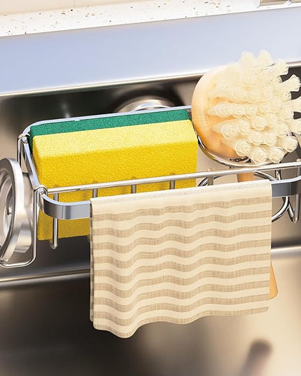 TAILI 4-in-1 Sponge Holder for Kitchen Sink with Strong Suction Cup Removable, Rustproof Aluminum Sink Caddy for Sponge, Brush, Scrubber, Scraper -Silver