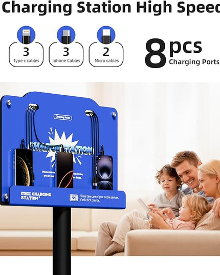 8-Port Wall Mounted Charging Station with Universal Cables – Fast Charging Dock for iPhone, Android & Type-C Devices – Perfect for Office, Airport, Hotel & School Use (Blue)