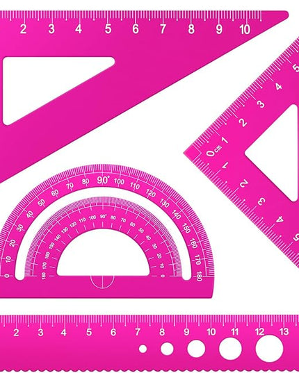 Honagu Triangular Ruler Set, 4 Pieces Aluminum Alloy Ruler, Metal Drafting Ruler, Geometric Protractor for Students, Draftsmen, Engineers, School Office Supplies (Pink)