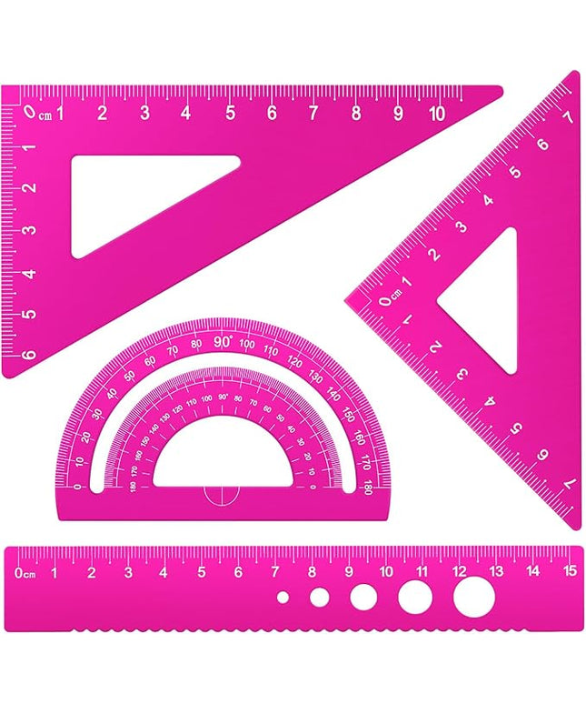 Honagu Triangular Ruler Set, 4 Pieces Aluminum Alloy Ruler, Metal Drafting Ruler, Geometric Protractor for Students, Draftsmen, Engineers, School Office Supplies (Pink)