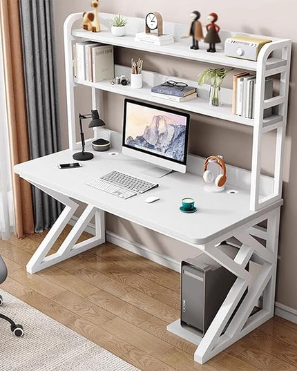 55in Gaming Desk with Bookshelf Combo, Computer Desk with Pegboard, Large Writing Table with Desktop Shelves, Ample Leg Room, for Home Office (White, 55in)