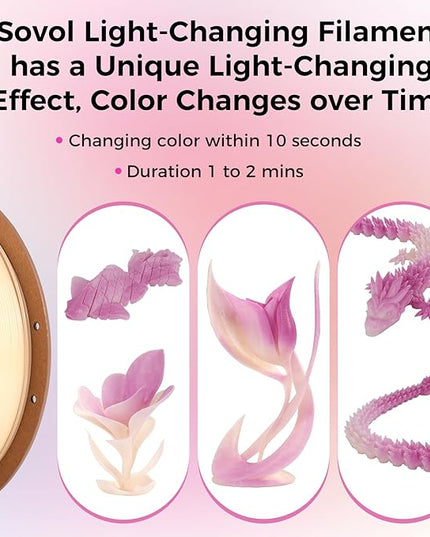 Sovol 3D Printer Photosensitive Filament Single Color Light Change PLA 1kg (2.2 lbs) Spool 3D Printing Materials, Dimensional Accuracy +/- 0.03 mm, 1.75 mm, Light Change Purple