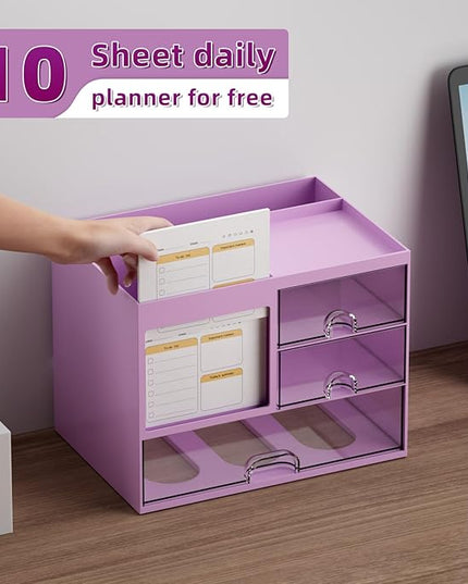 Marbrasse Desk Organizer with 3 Drawer, Multi-Functional Pencil Pen Holder, Desk Organizers and Accessories with 4 Compartments,Desktop Organizer Storage for Office Home Art Supplies (Purple)