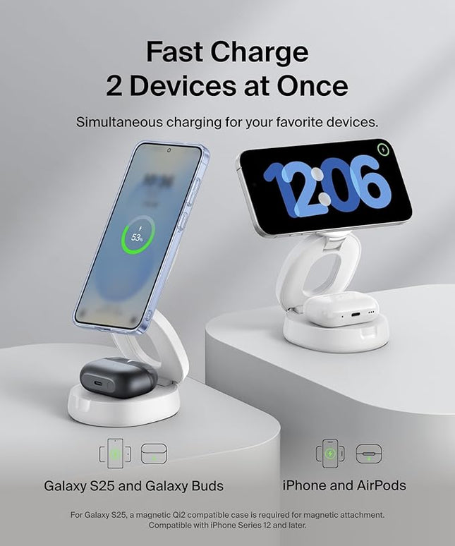 Belkin MagSafe Charger Compatible, 2-in-1 Qi2 Wireless Charging Station 15W, Convertible Charger for iPhone 17, Apple Watch, AirPods, Pixel 10, Portable Phone Stand for Travel w/ 30W Adapter - White