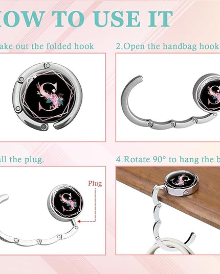 Pink Initial Foldable Purse Hook, Flower Letter Handbag Hanger, Women's Bag Hanger Hook, Round Purse Table Hook, Funny Desk Hook Gift for Family Colleague Friend Office Worker (Flower S)
