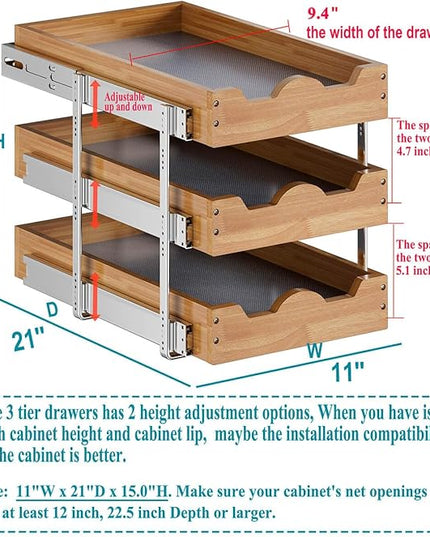 OCG Pull Out Cabinet Drawer 11" W x 21" D, 3 Tier Pull Out Cabinet Organizer, Heavy-Duty Slide Out Drawer for Cabinets, Base Cabinet Organization for Kitchen, Pantry, Bathroom