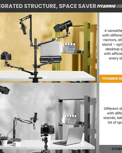 TARION Overhead Camera Desk Mount: 4-in-1 Heavy Duty Mount Set with 1 Mic Boom Stand + 3 Articulating Arms for DSLR Cameras Ring Light Monitor Laptop - Live Stream Stand TitanRig Desk
