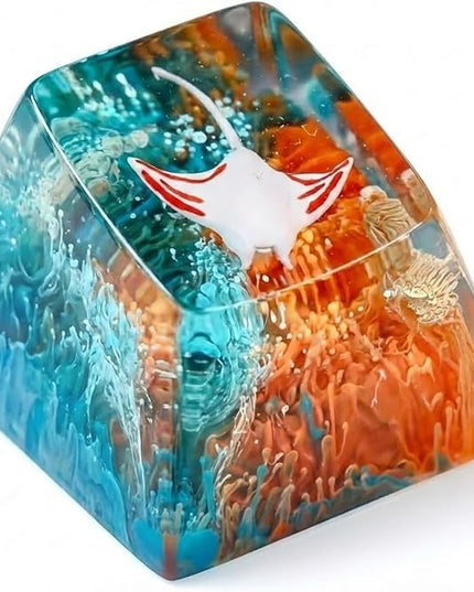 Manta Ray Artisan Keycap Green Orange Coral Reef R1 SA Profile Custom Sea Creatures Keycaps 1U ESC Handmade Gaming Resin Key Cap Cherry MX Switch Compatible Mechanical Keyboard Manta Ray Lover Gift