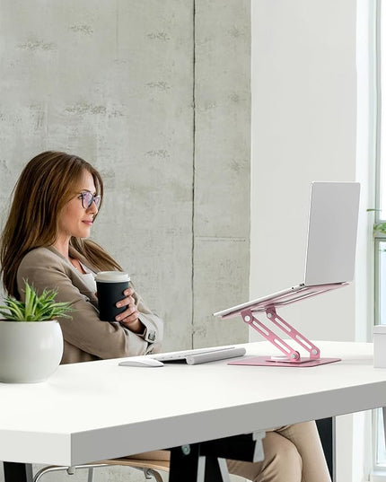 ALASHI Laptop Stand for Desk with 360° Rotating Base, Multi-Angle Adjustable Laptop Stands, Foldable Laptop Riser Compatible with 10 to 15.6 Inches PC Computer, Pink