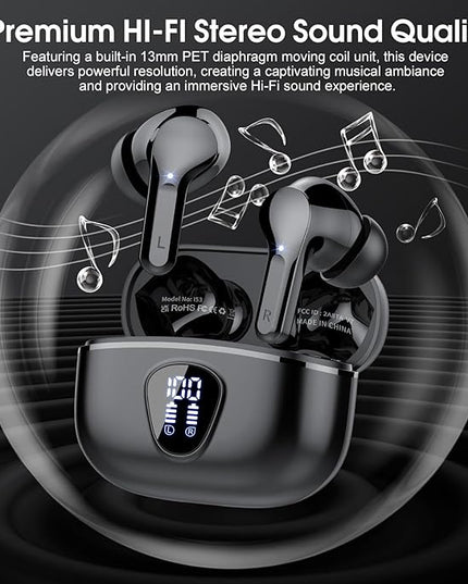 Wireless Earbuds, Bluetooth 5.4 Headphones HiFi Stereo, Bluetooth Earbuds with ENC Noise Cancelling Mic, IP7 Waterproof in Ear Earphones, 48H, LED Display Ear buds for Pad Phones Workout Sports, Black