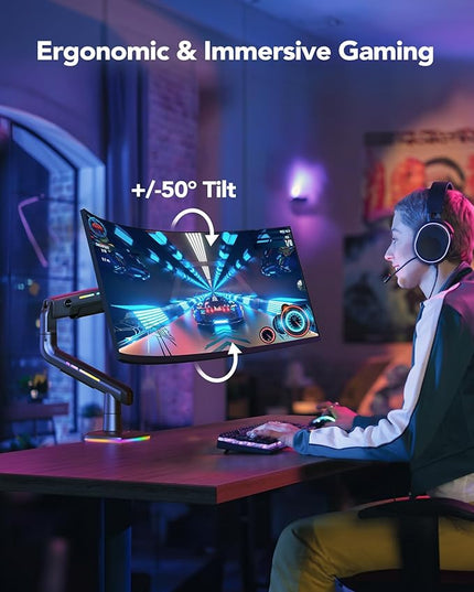 HUANUO TitanLift Monitor Arm for Ultrawide Screens up to 49″, Heavy-Duty Single Mount Holds 44 lbs, Fully Adjustable Gaming Monitor Arm with C-Clamp & Grommet Base, Max VESA 100 x 100mm, RGB