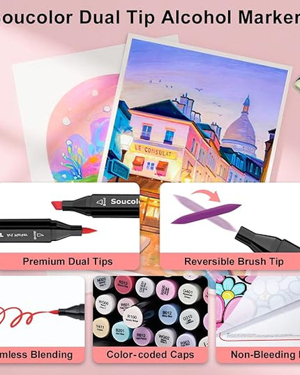 Soucolor 61 Colors Pastel Alcohol Based Markers Set | Professional Dual Tip Art Markers with Brush & Chisel Tips | Includes 1 Blender & Carry Case | For Artists, Adults Coloring, Drawing, Illustration
