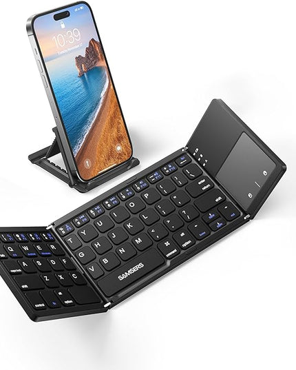Samsers Foldable Bluetooth Keyboard with Touchpad - Portable Wireless Keyboard with Holder, Rechargeable Full Size Ultra Slim Pocket Folding Keyboards for Android Windows iOS Tablet & Laptop - Black