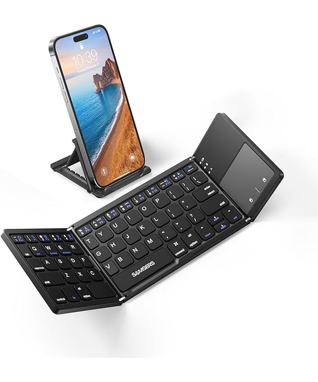 Samsers Foldable Bluetooth Keyboard with Touchpad - Portable Wireless Keyboard with Holder, Rechargeable Full Size Ultra Slim Pocket Folding Keyboards for Android Windows iOS Tablet & Laptop - Black