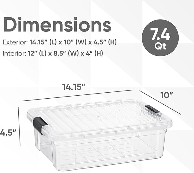 Superio Storage Bins with Lids- 8 Pack, 7.4 Qt Clear Boxes for Organizing, Stackable Plastic Containers- BPA Free, Non-Toxic, Odor Free, Organizer for Home, Office, Dorm