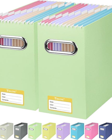 BALEINE File Organizer Box, Cardboard File Folder Organizer with Handle for Letter Size, Portable Collapsible Hanging Filing Box for Home Office Document Storage (2 Pack, Green)