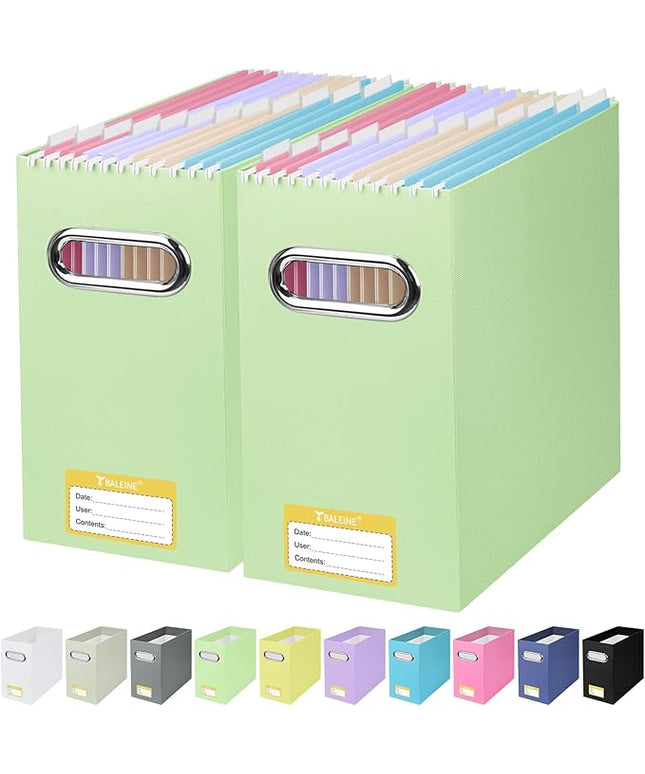 BALEINE File Organizer Box, Cardboard File Folder Organizer with Handle for Letter Size, Portable Collapsible Hanging Filing Box for Home Office Document Storage (2 Pack, Green)