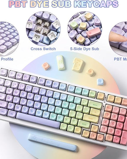 YUNZII 140 Keys MOA Keycaps, Dye-Sublimation PBT Custom Keycap Set for MOA Profile, Cute Rainbow Candy Keycap for MX Switches Mechanical Gaming Keyboard(Rainbow)