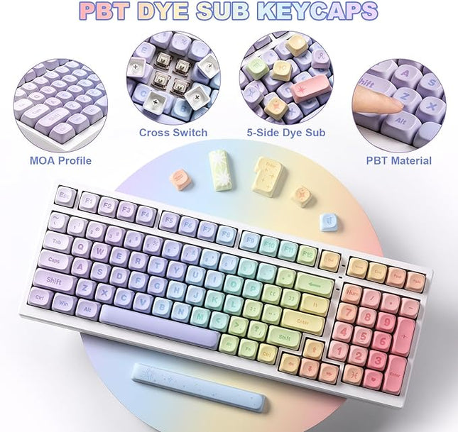 YUNZII 140 Keys MOA Keycaps, Dye-Sublimation PBT Custom Keycap Set for MOA Profile, Cute Rainbow Candy Keycap for MX Switches Mechanical Gaming Keyboard(Rainbow)