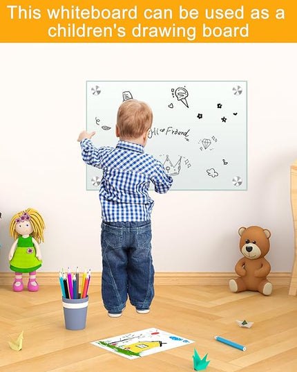 H-Qprobd White Board 24”x18“ Magnet Dry Erase Boards Frameless Magnetic Glass Whiteboard for Wall, Wall Mounted Whiteboard Includes 12 Magnets, 8 Markers and 2 Erasers