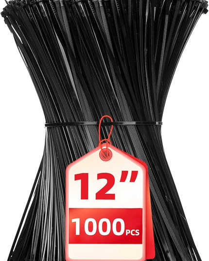 Zip Ties 12 inch, 1000 Pack Black Zip Ties, Self-Locking Nylon Cable Ties with 50 lb Tensile Strength,Wire Ties for indoor and outdoor use.